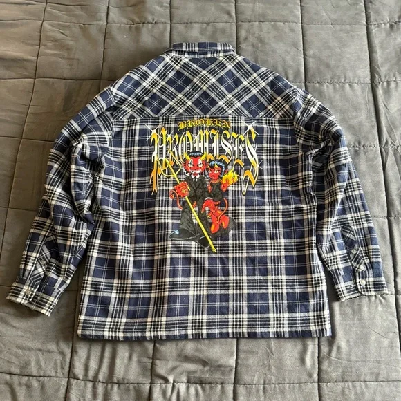 Broken Promises Plaid insulated shirt jacket with Devil Graphic